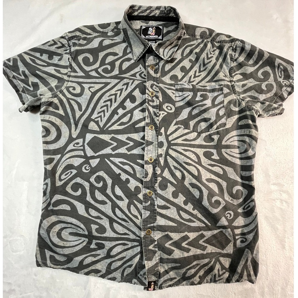 HINANO TAHITI Mens M Shirt Black Gray Button Front Short Sleeve